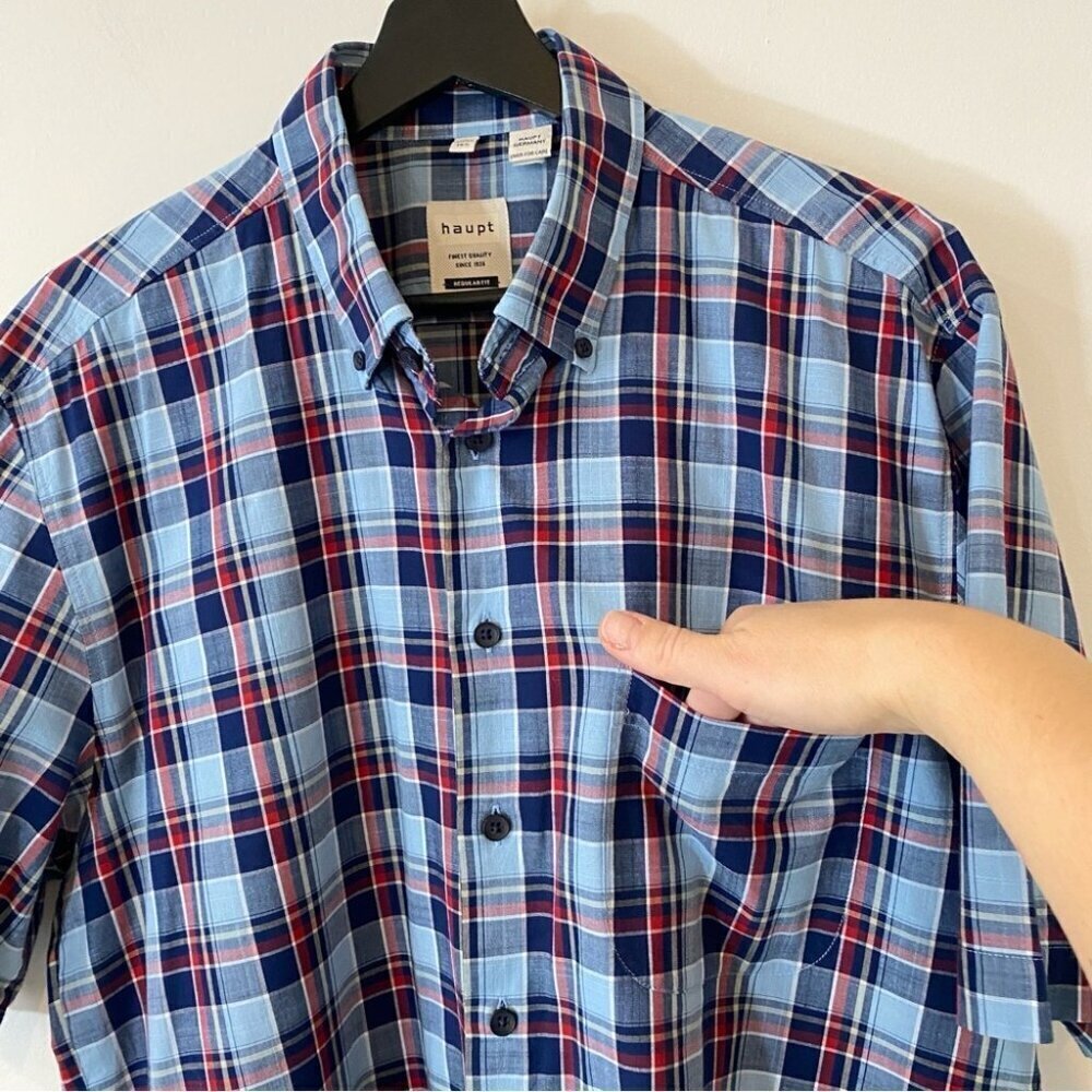 Haupt Regular Fit Short Sleeve Dress Shirt - Neck 16.5 41/42 Blue Plaid - Picture 6 of 17